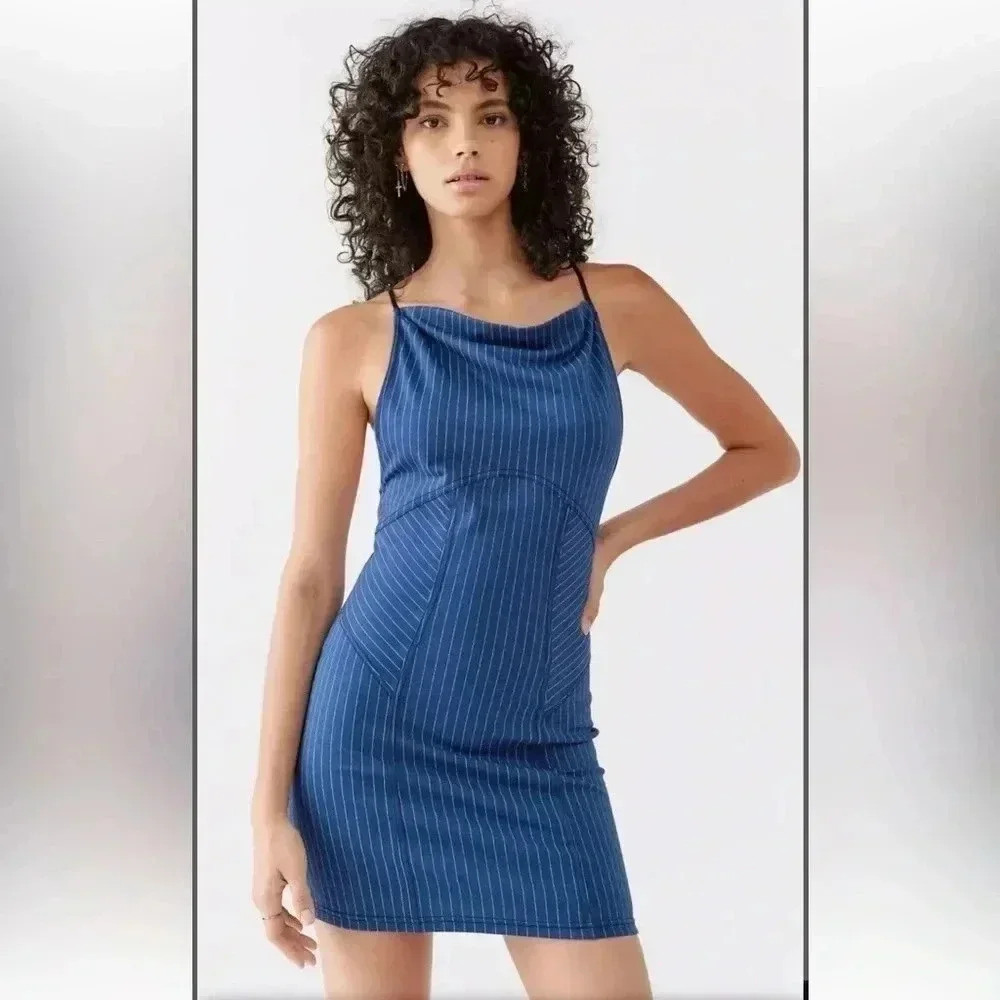 NWT Urban Outfitters Complex High-Neck Mini Dress Navy Striped Size XL